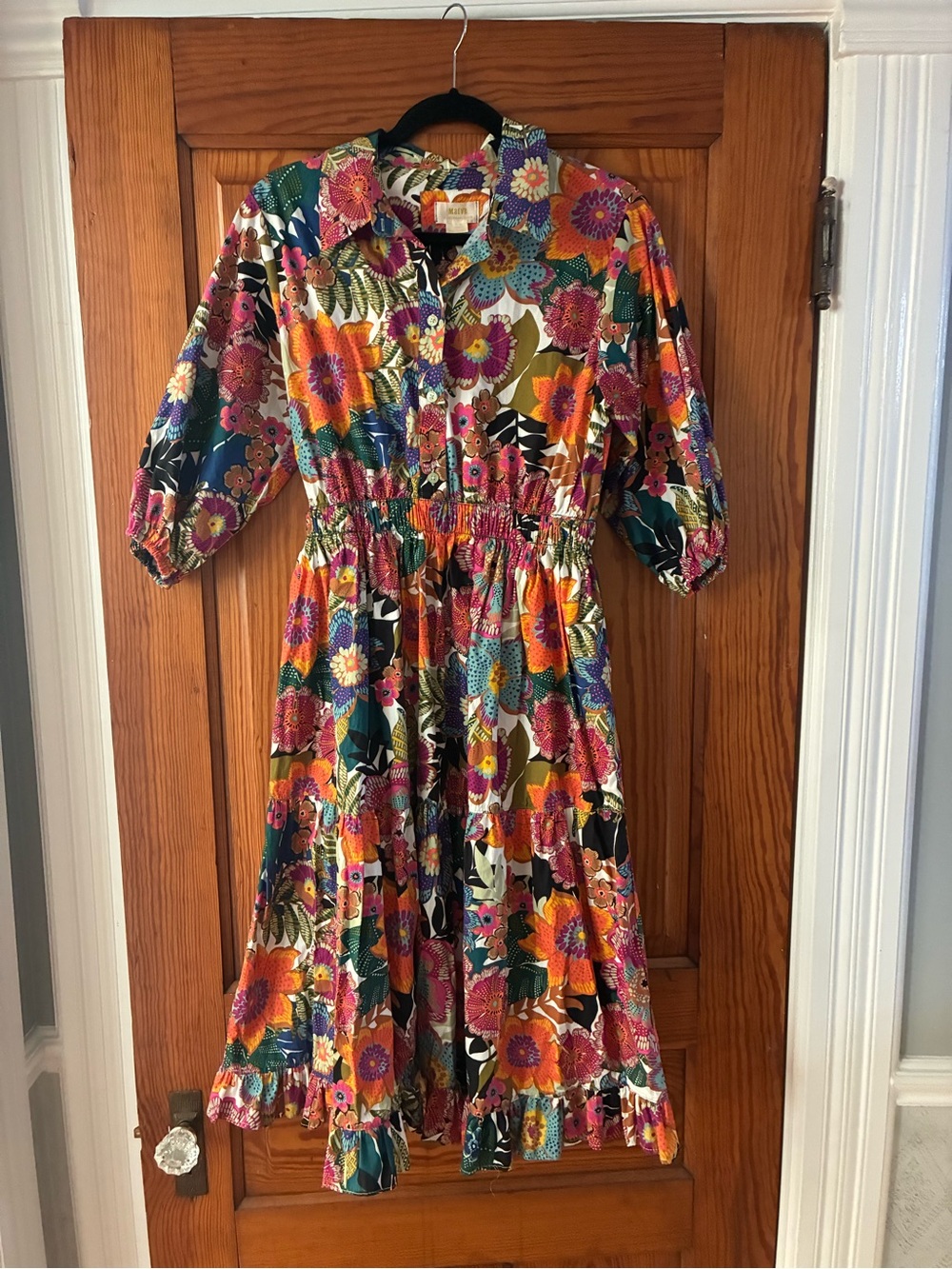 multi-colored floral print tiered midi shirt dress by Maeve from Anthropologie.